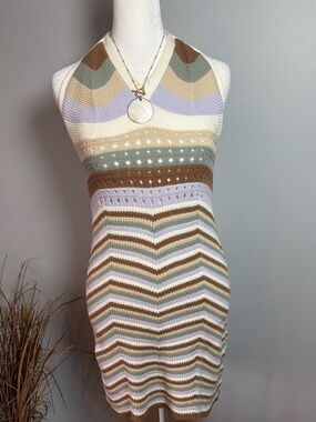 Pink Rose Halter Crochet Knit Dress Striped Boho Bodycon Midi Size M